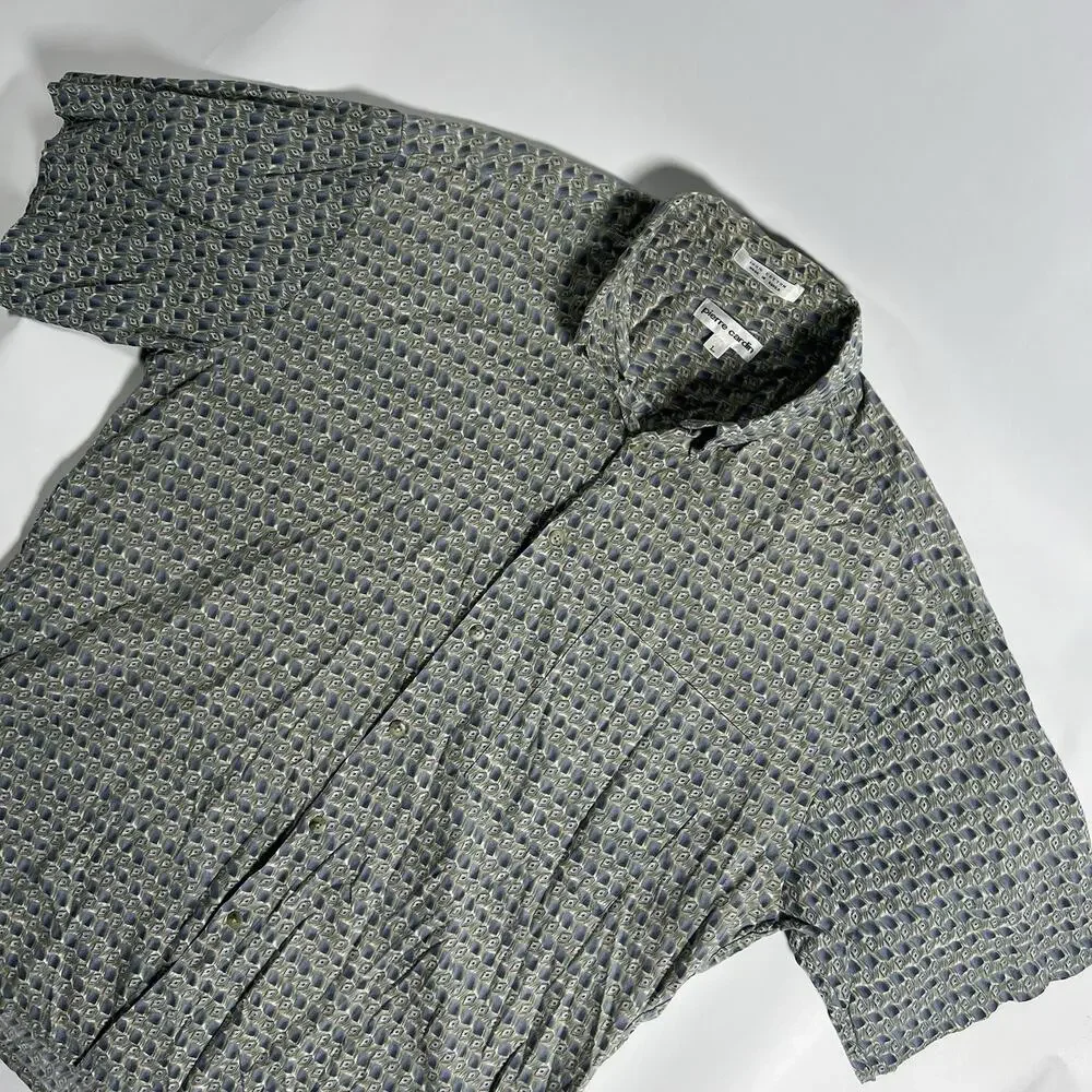 Pierre‎ Cardin Men's Green/Blue/Beige Geometric Woven Cotton Button-Up SS L 48
